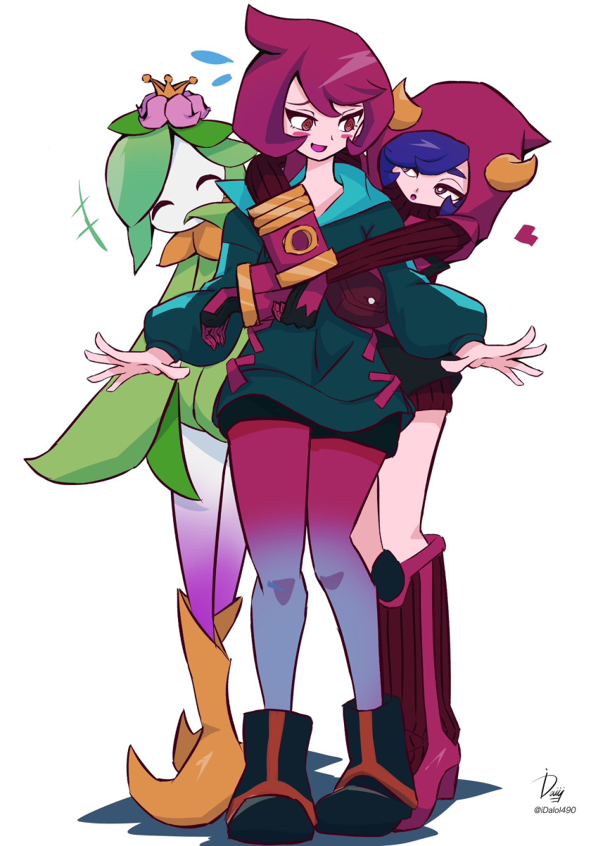 +++, 2girls, @_@, ^_^, aqua_sweater, arezu_(pokemon), black_footwear, blue_hair
