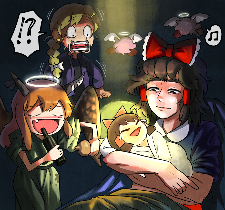!?, 3girls, :d, absurdres, black_eyes, black_hair, black_shirt, blonde_hair