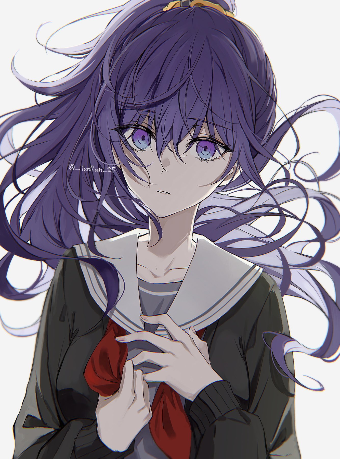 1girl, asahina_mafuyu, black_jacket, breasts, brown_shirt, collarbone, empty_eyes, floating_hair