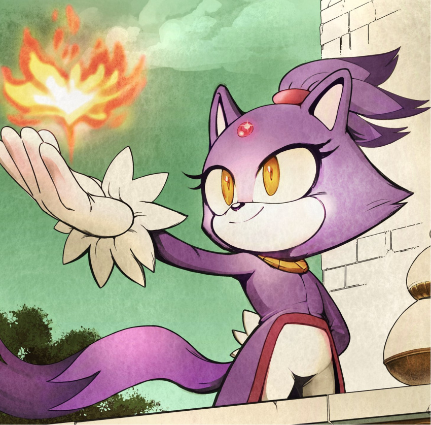 1girl, adam_bryce_thomas, animal_ears, arm_behind_back, blaze_the_cat, brown_eyes, building, cat_ears