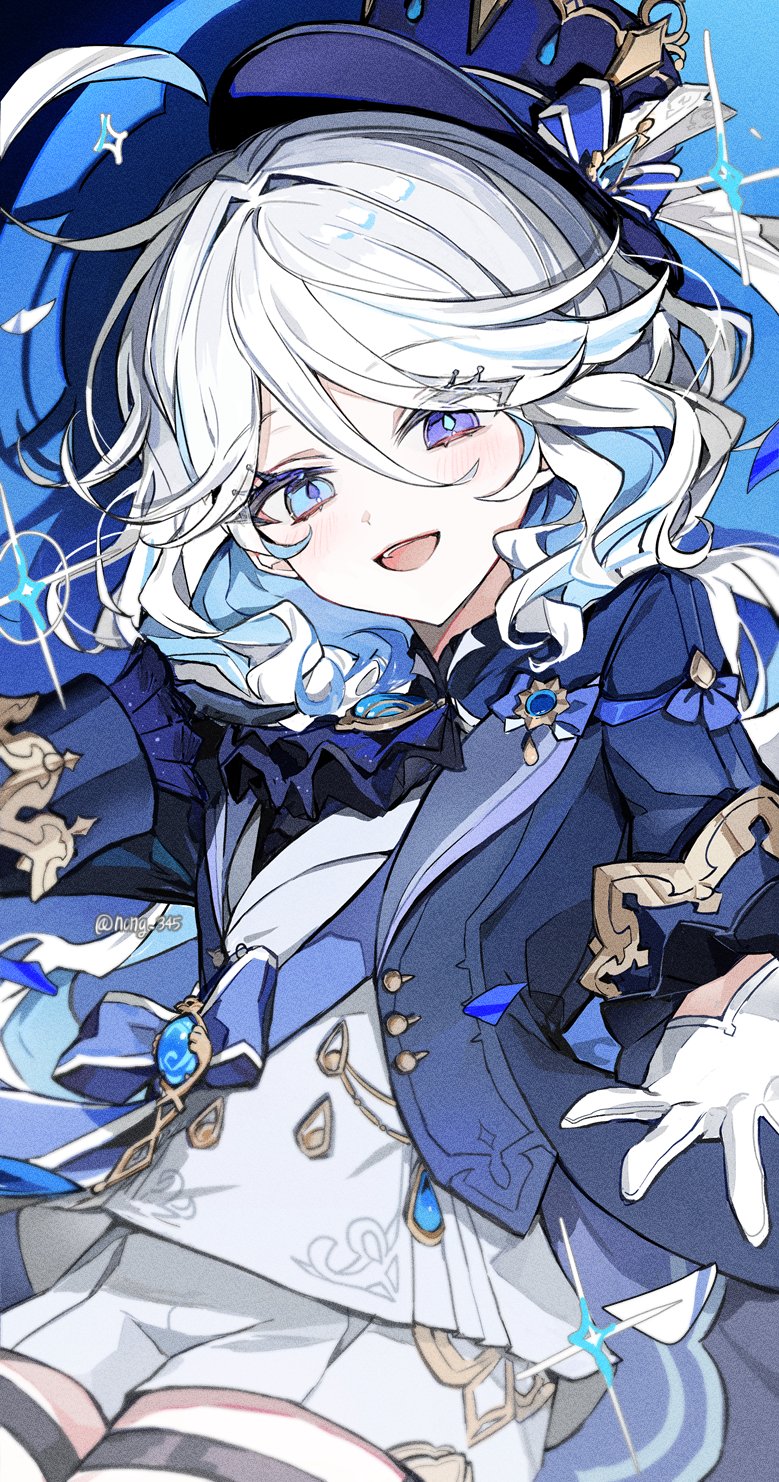 1girl, ahoge, ascot, asymmetrical_gloves, black_ascot, black_gloves, blue_brooch, blue_eyes