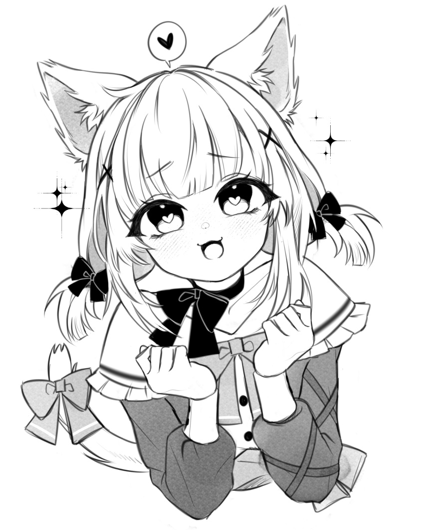 1girl, animal_ear_fluff, animal_ears, arm_ribbon, bow, bowtie, cat_ears, cat_girl, cat_tail, commission, dress, fallenshadow, frilled_sailor_collar, frills, hair_bow, hair_ornament, heart, heart-shaped_pupils, highres, hopetokki, indie_virtual_youtuber, open_mouth, ribbon, sailor_collar, sketch, solo, sparkle, spoken_heart, symbol-shaped_pupils, tail, tail_bow, tail_ornament, upper_body, vgen_commission, virtual_youtuber, x_hair_ornament