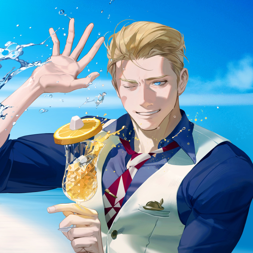 1boy, absurdres, axis_powers_hetalia, blonde_hair, blue_eyes, blue_shirt, breast_pocket, collared_shirt