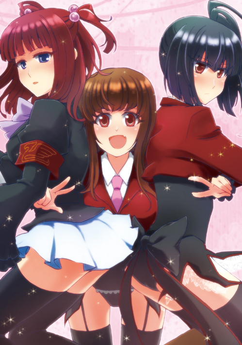 armband, bad_id, belphegor, black_hair, black_legwear, black_thighhighs, blue_eyes, brown_hair