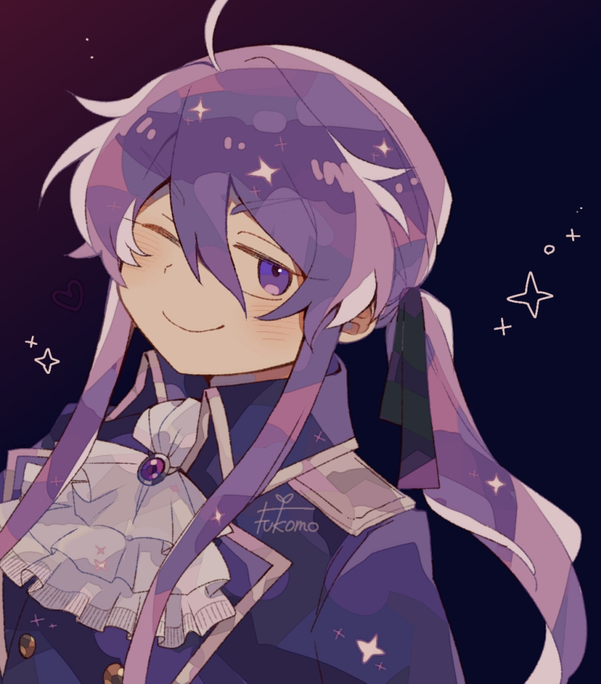 1boy, artist_name, ascot, evillious_nendaiki, fukomo, hair_between_eyes, hair_ribbon, high_collar