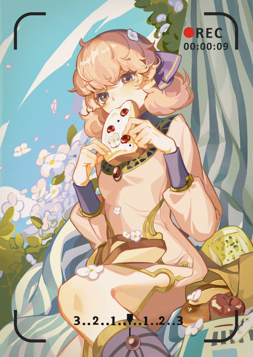 1girl, apple, blue_hairband, blue_sky, bread, commentary_request, dress, eating, eyelashes, fire_emblem, fire_emblem_echoes:_shadows_of_valentia, flower, food, fruit, genny_(fire_emblem), grey_eyes, hairband, highres, leaf, long_dress, manymanylilies, pink_dress, pink_hair, short_hair, sitting, sky, solo, viewfinder, white_flower