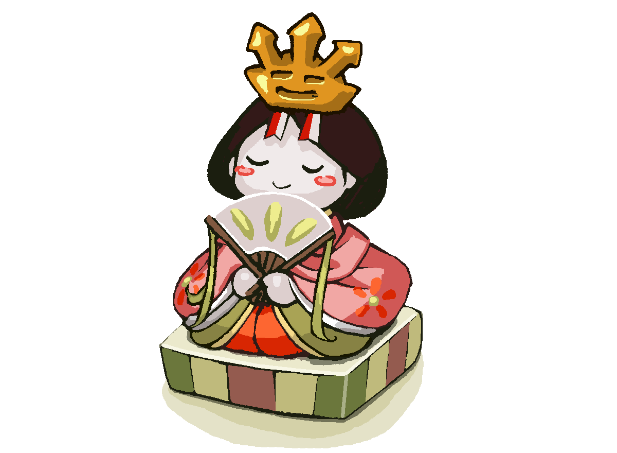 1girl, ^_^, blush_stickers, brown_hair, closed_eyes, full_body, hair_ornament, hand_fan