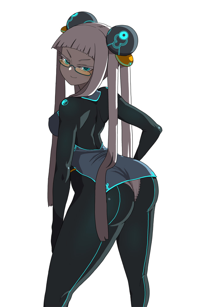 ass, blue_eyes, electro_emilia, glasses, ken_(koala), long_hair, original, panties