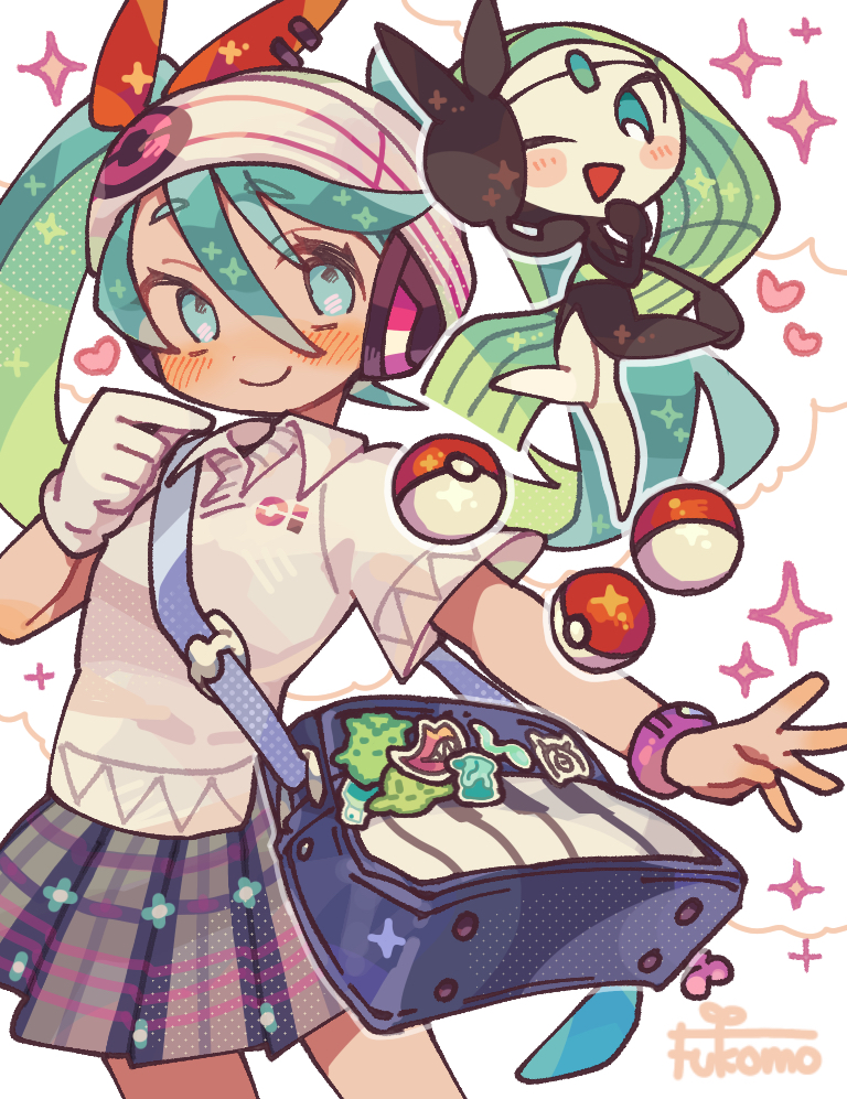 1girl, aqua_hair, artist_name, bag, bag_charm, beanie, blue_eyes, blush