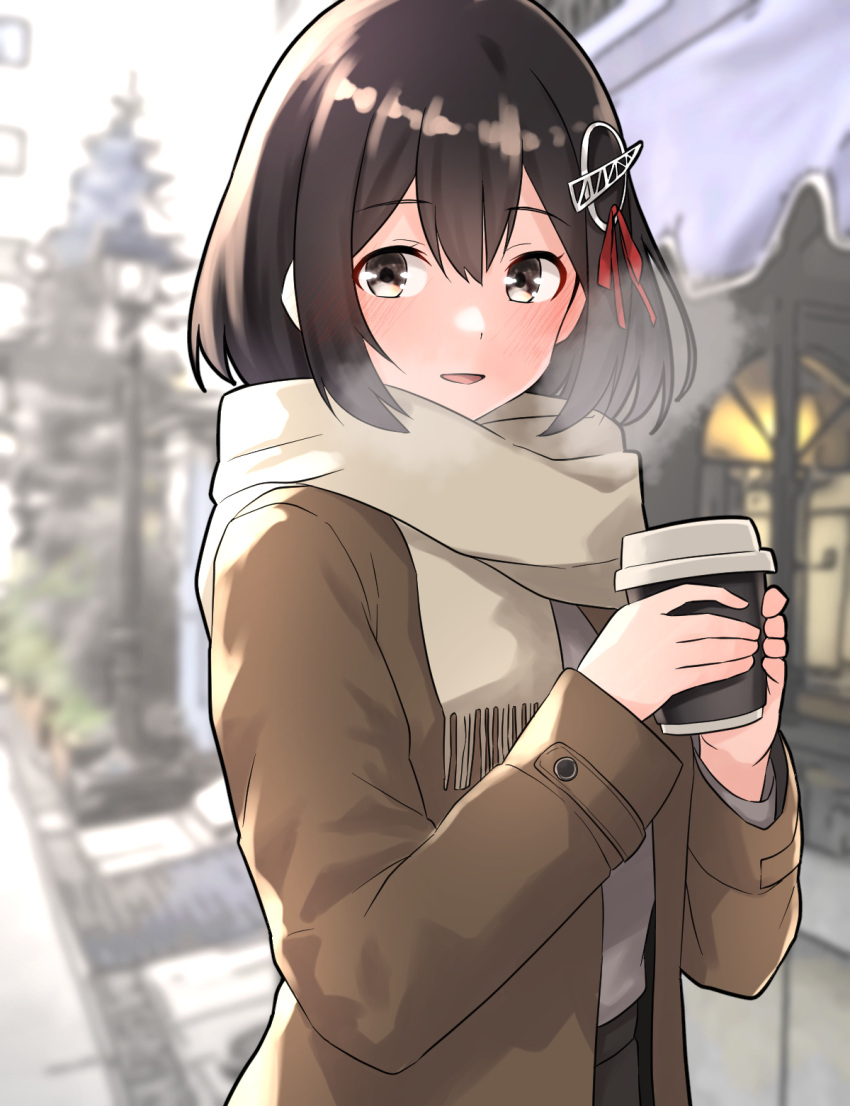1girl, alternate_costume, black_eyes, black_hair, black_skirt, blurry, blurry_background, blush