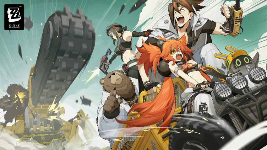 2boys, 2girls, anton_ivanov, asymmetrical_gloves, bangboo_(zenless_zone_zero), bear, ben_bigger, black_hair