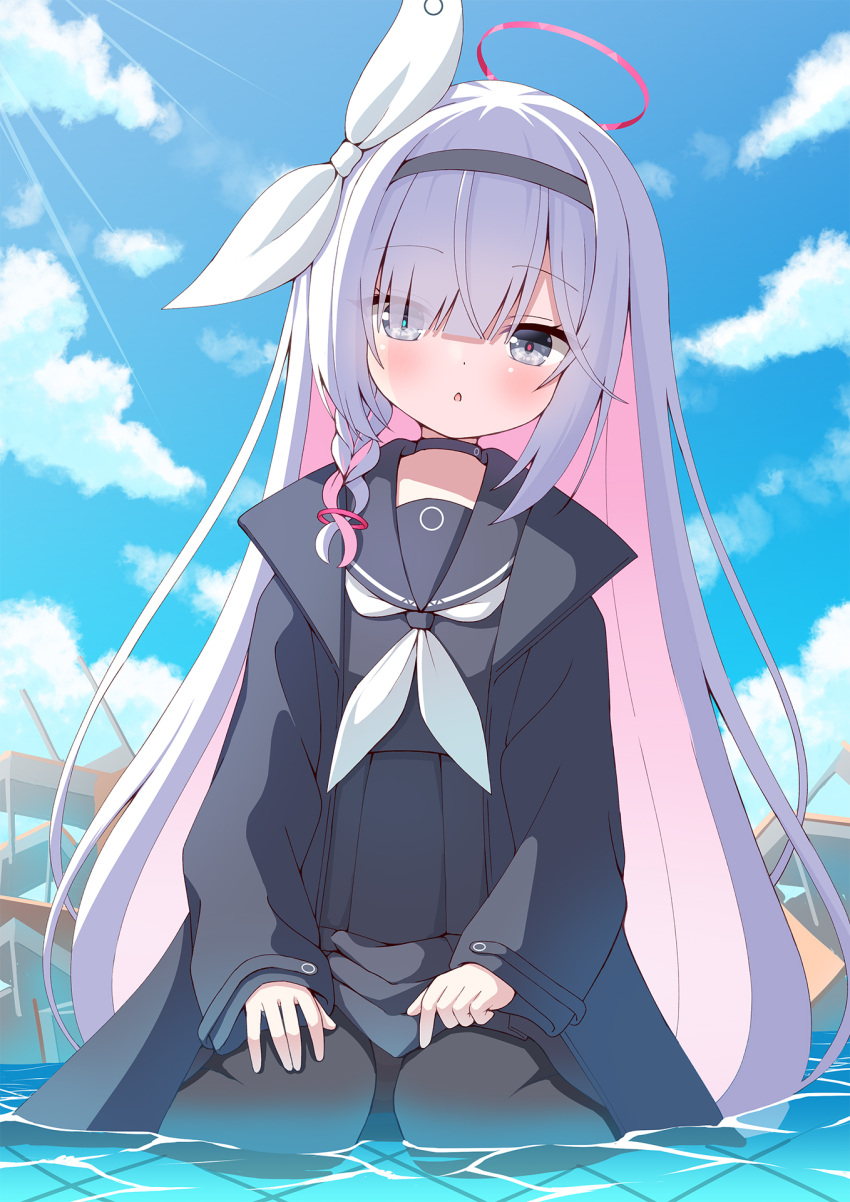 1girl, azel_(laevateinn495), black_choker, black_coat, black_hairband, black_pantyhose, black_sailor_collar, black_serafuku