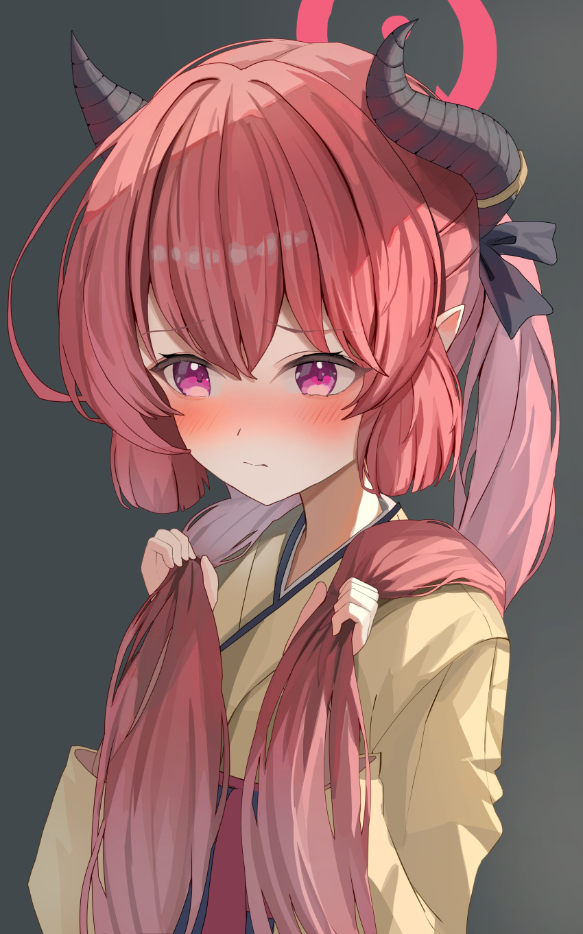 1girl, absurdres, black_horns, blue_archive, blush, closed_mouth, demon_horns, grey_background