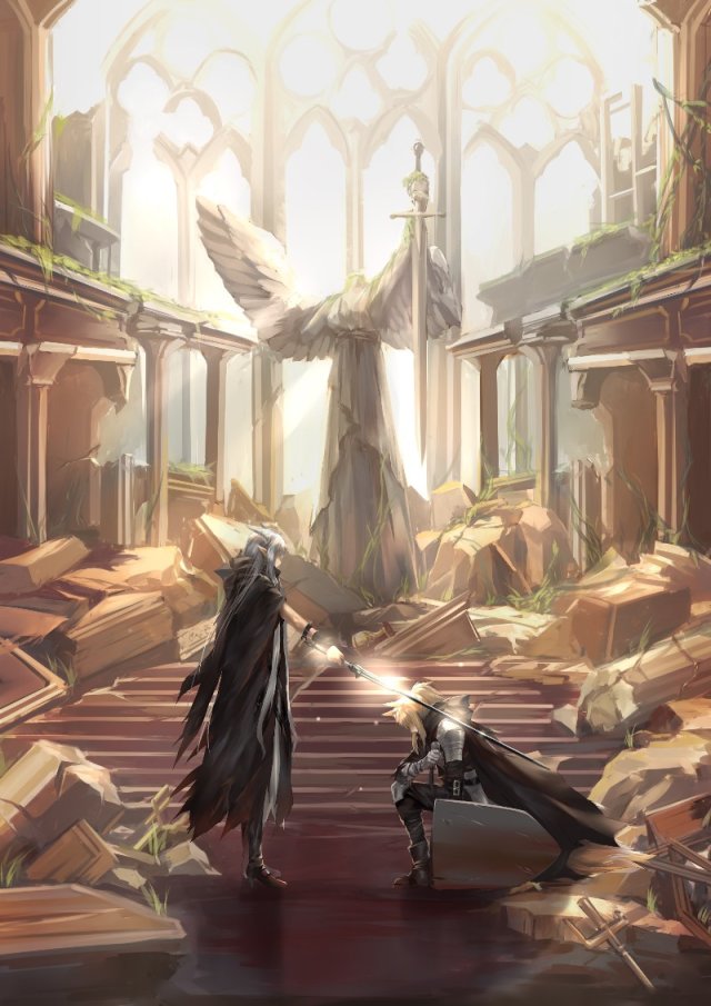 2girls, animal_ears, arknights, armor, black_cloak, black_dress, blonde_hair, bowing
