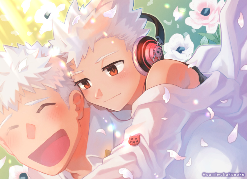 2boys, ^_^, blush, brothers, brown_eyes, carrying, character_pin, child