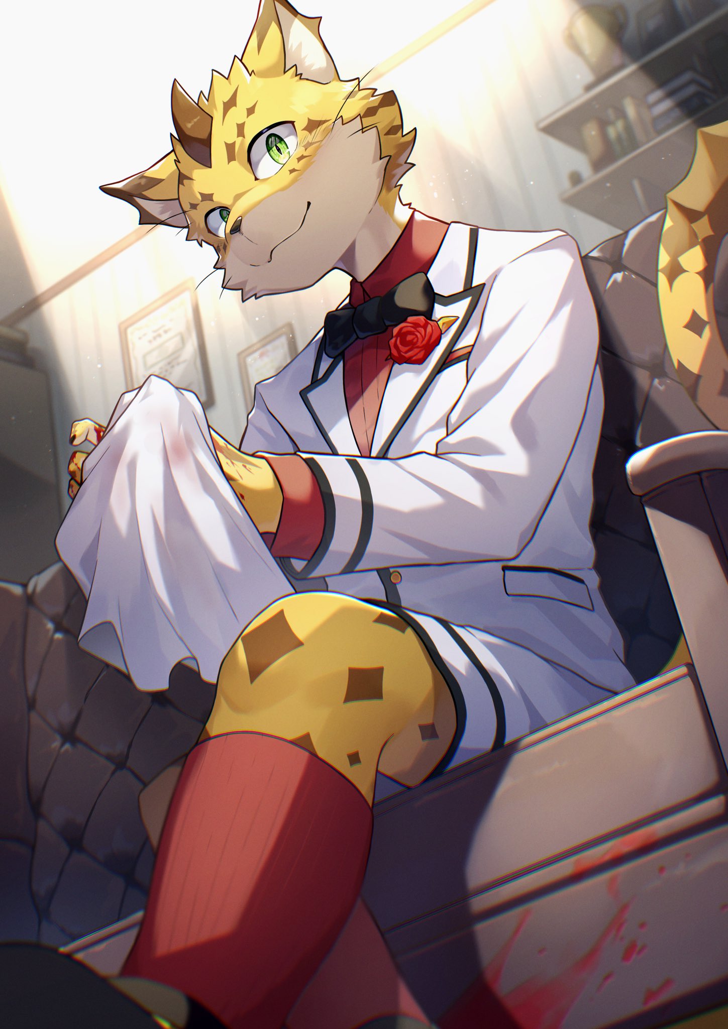 1boy, armchair, black_bow, black_bowtie, blood, blood_splatter, bow, bowtie