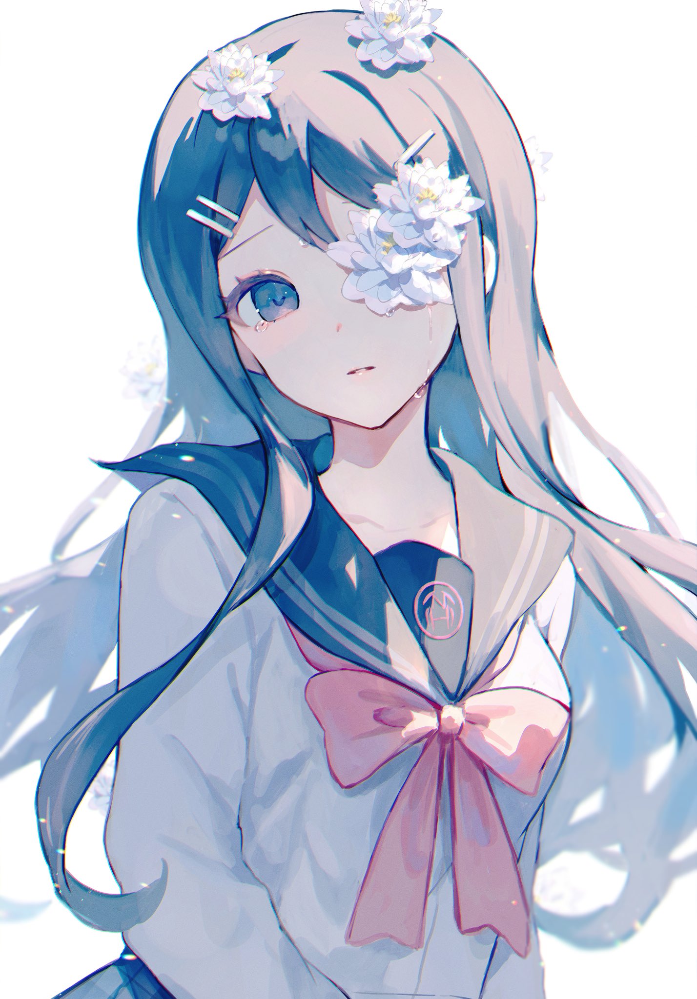 1girl, blue_sailor_collar, bow, bowtie, danganronpa:_trigger_happy_havoc, danganronpa_(series), flower, flower_over_eye