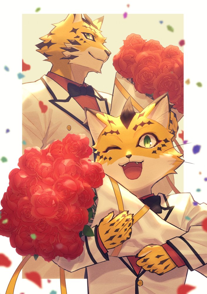 2boys, black_bow, black_bowtie, border, bouquet, bow, bowtie, brown_fur