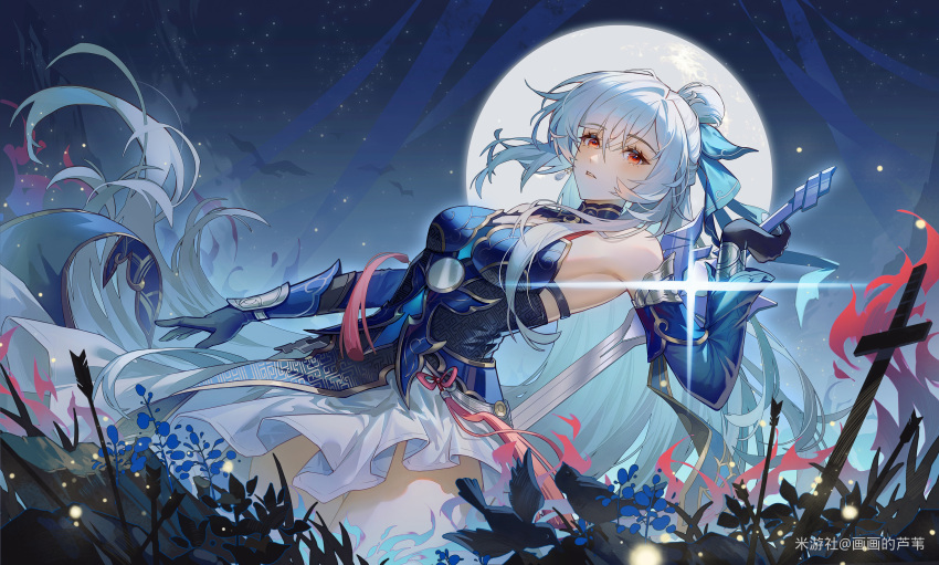 1girl, absurdres, arm_up, bare_shoulders, bird, black_gloves, blue_sleeves, bow_(weapon)