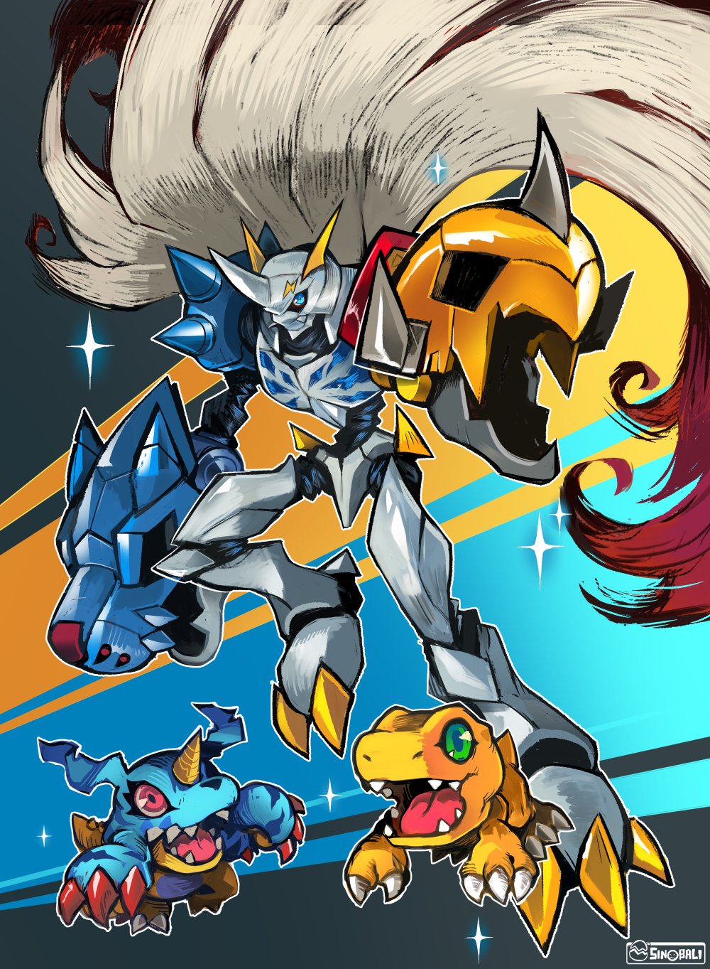 agumon, arm_cannon, armor, artist_name, blue_eyes, cape, digimon_(creature), digimon_adventure_(1999_film)