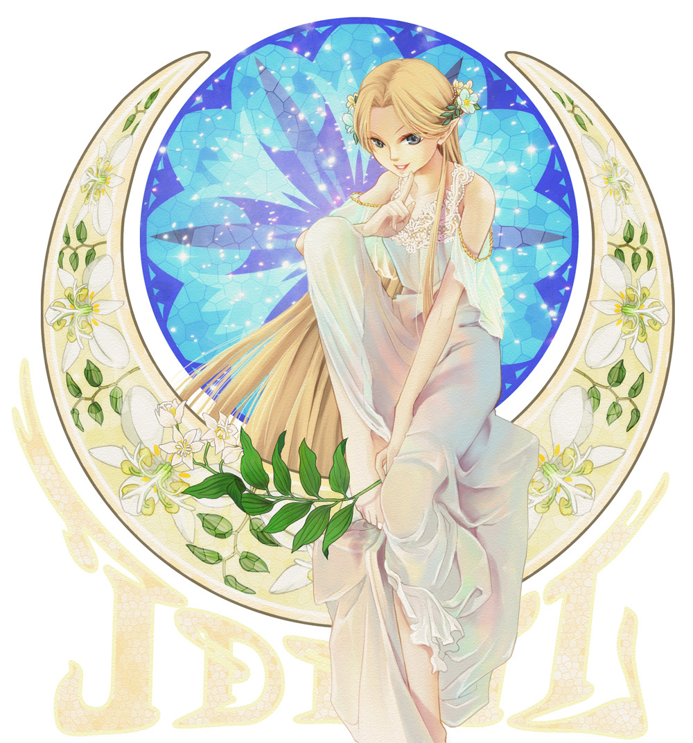 barefoot, blonde_hair, blue_eyes, dress, elf, flower, hair_flower, hair_ornament, idril, idril_celebrindal, long_hair, lord_of_the_rings, pointy_ears, shoda_masumi, silmarillion, sitting, solo, very_long_hair, white_dress