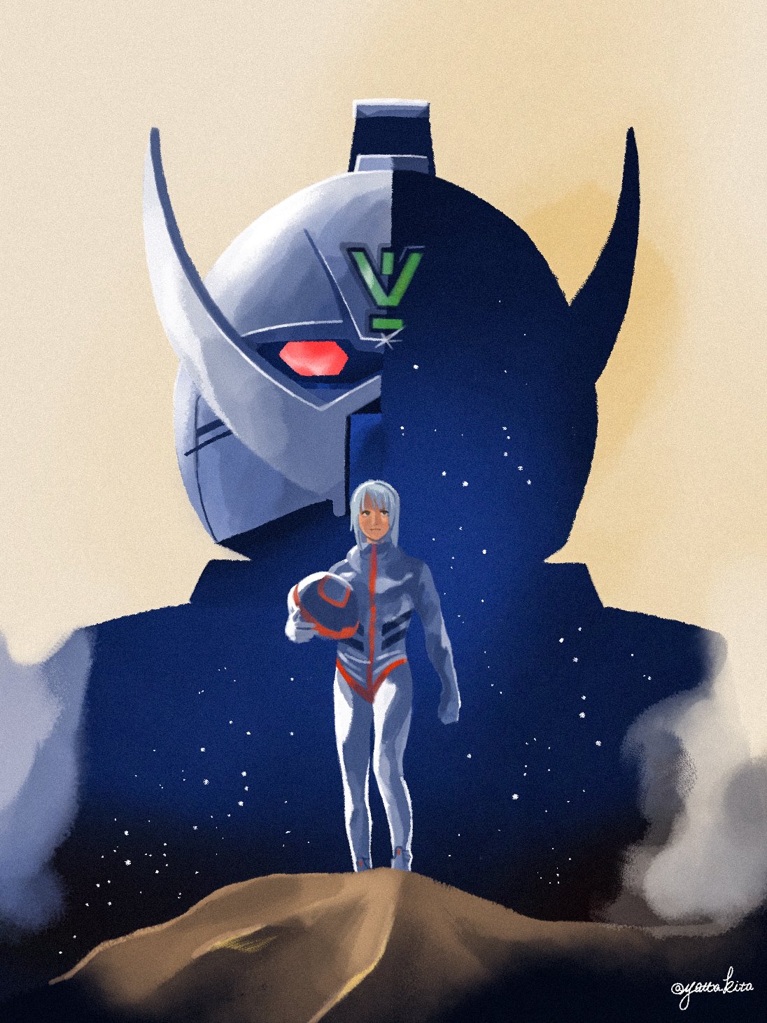1boy, blue_eyes, creator_connection, dark-skinned_male, dark_skin, gundam, helmet, highres