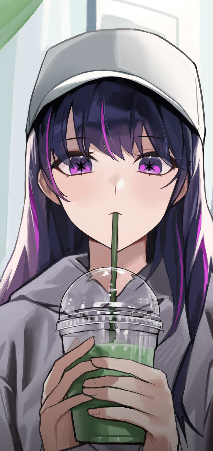 1girl, absurdres, baseball_cap, blush, commentary, cup, drink, drinking