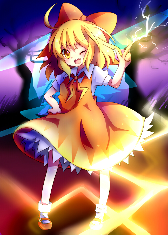 alternate_element, bad_hands, blonde_hair, blush, bow, cirno, dress, electricity