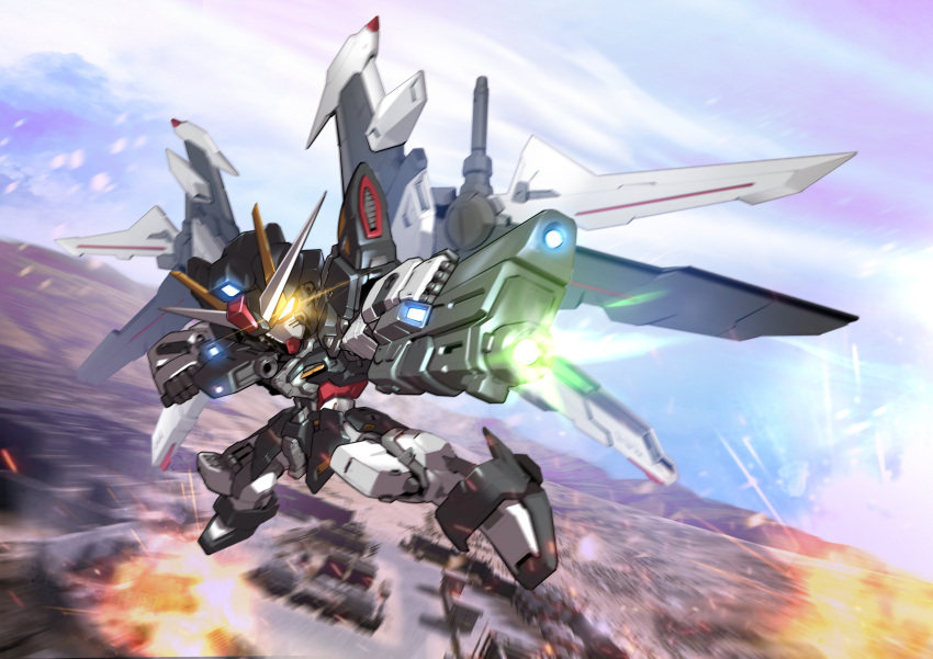 absurdres, beam_gun, blue_sky, chibi, clouds, day, dual_wielding, energy_gun