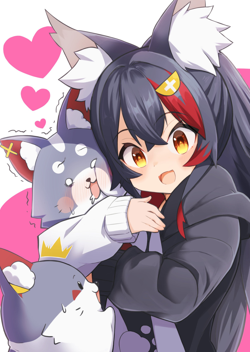 1girl, absurdres, animal_ear_fluff, animal_ears, animal_hug, black_hair, black_hoodie, hair_ornament