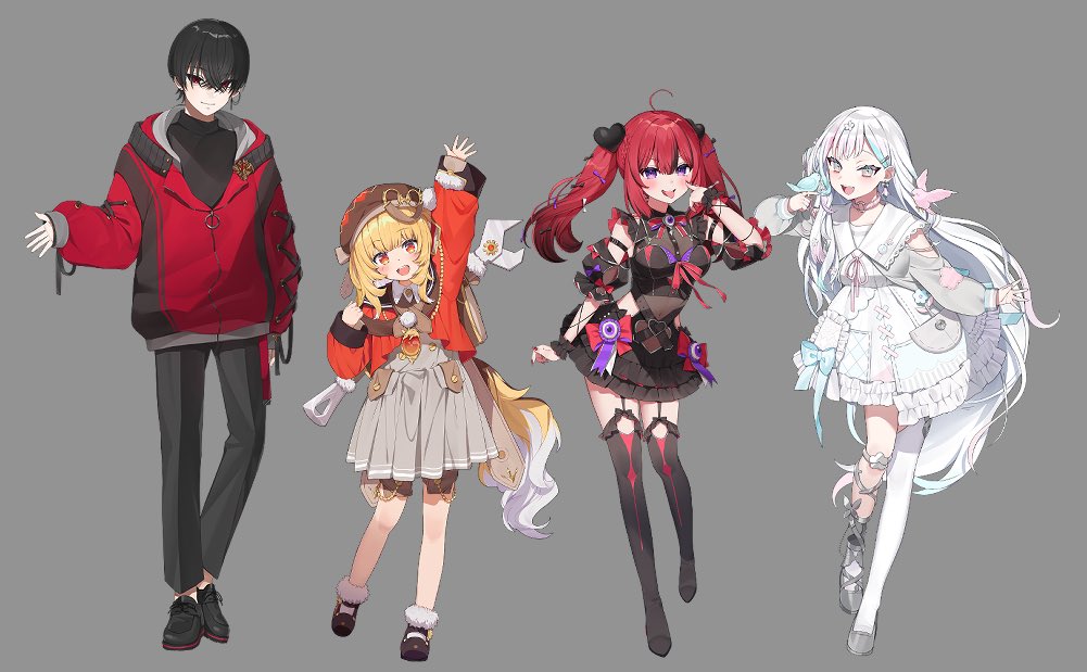 1boy, 3girls, :p, ahoge, bird, black_pants, blonde_hair, bow