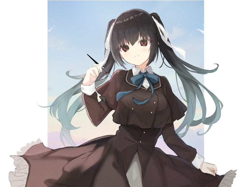 1girl, absurdres, arm_at_side, black_capelet, black_dress, black_hair, blue_bow, blue_ribbon