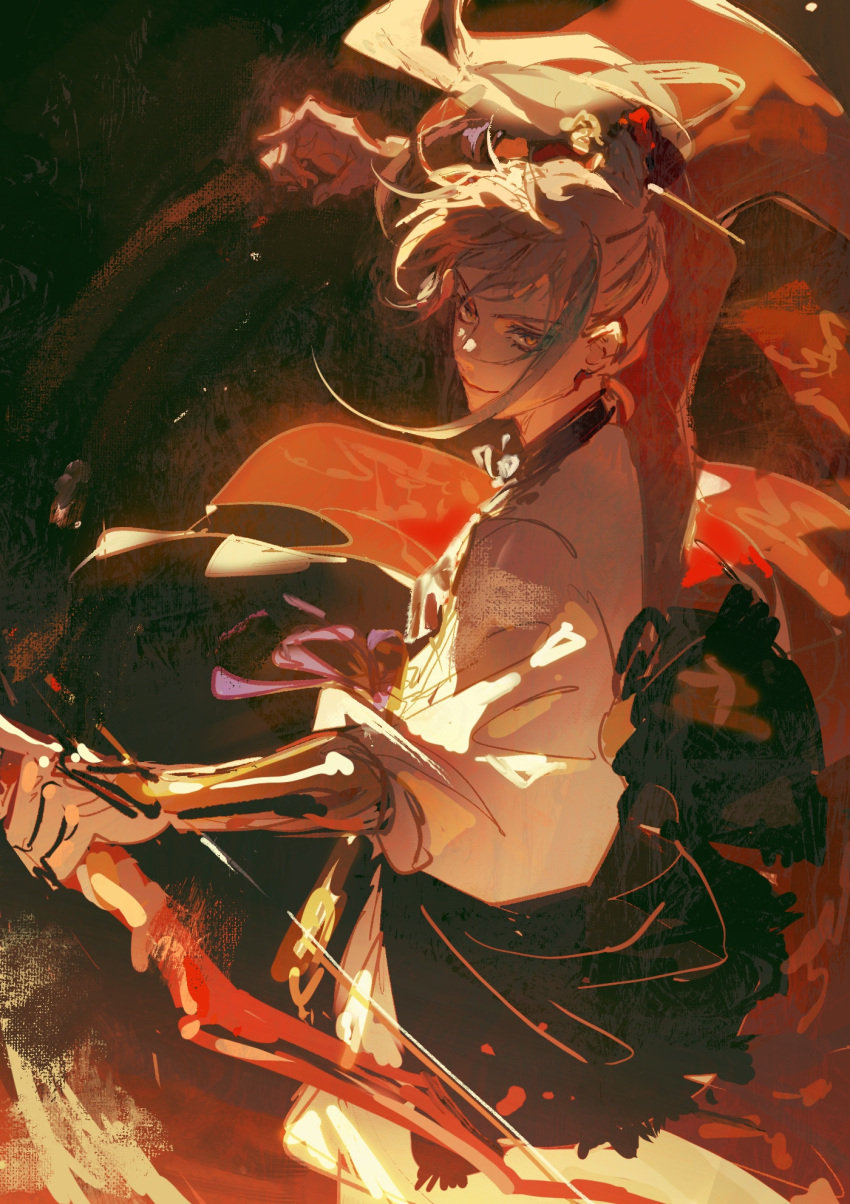 1boy, archer_(fate/samurai_remnant), arm_guards, bow_(weapon), chinese_clothes, chinese_hairpin, dark, dark_background, egotism, fate/samurai_remnant, fate_(series), hanfu, highres, holding, holding_bow_(weapon), holding_weapon, multicolored_hair, ponytail, smile, solo, streaked_hair, weapon, xiao_guan_(headdress), yellow_eyes