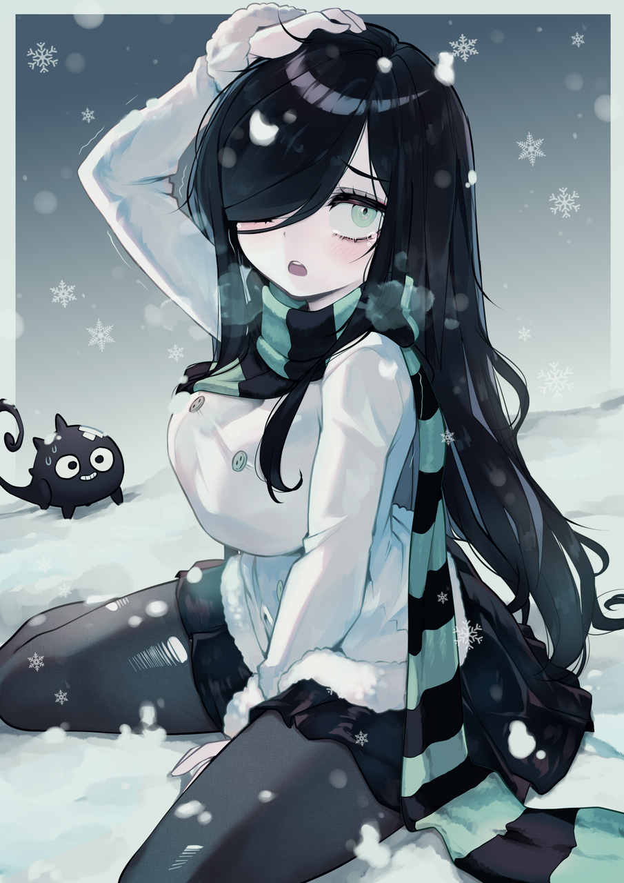 1girl, aqua_eyes, aria_wintermint, black_hair, black_pantyhose, black_scarf, black_skirt, blush