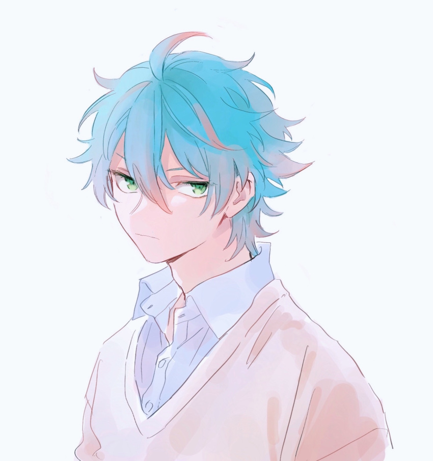 1boy, ahoge, blue_hair, brown_sweater, closed_mouth, collared_shirt, expressionless, from_argonavis