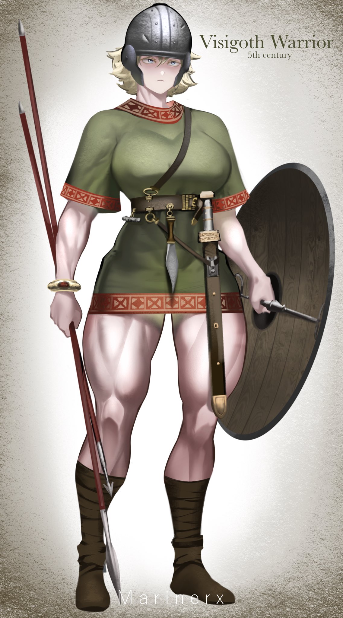 1girl, blonde_hair, blue_eyes, boots, breasts, english_text, helmet, highres, holding, holding_polearm, holding_weapon, javelin_(spear), knife, large_breasts, marinerx, medium_hair, muscular, muscular_female, no_pants, original, polearm, shield, solo, spear, sword, tall_female, thick_thighs, thighs, tight_clothes, tunic, visigoth, weapon