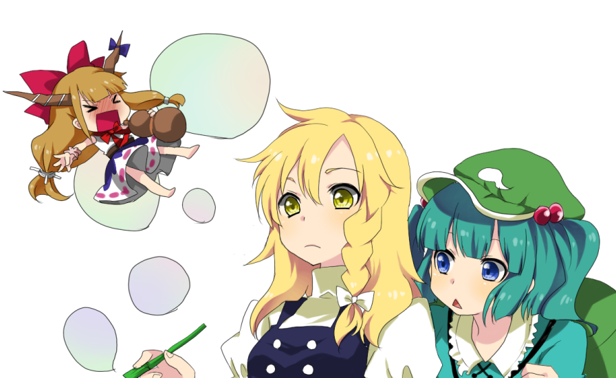 blonde_hair, blue_hair, blush, bubble, chibi, drunk, hat, ibuki_suika