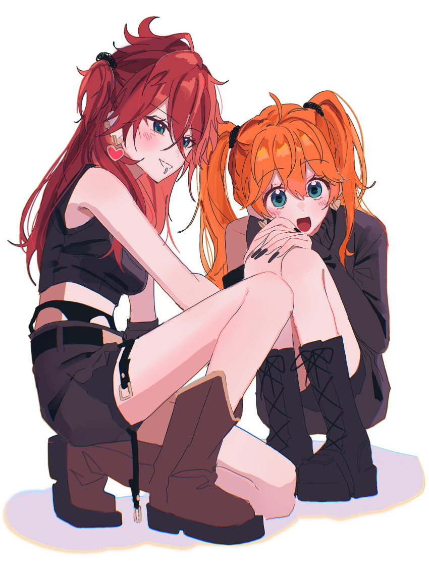 2girls, akehoshi_subaru, amagi_rinne, black_footwear, black_nails, black_shirt, black_shorts, blue_eyes