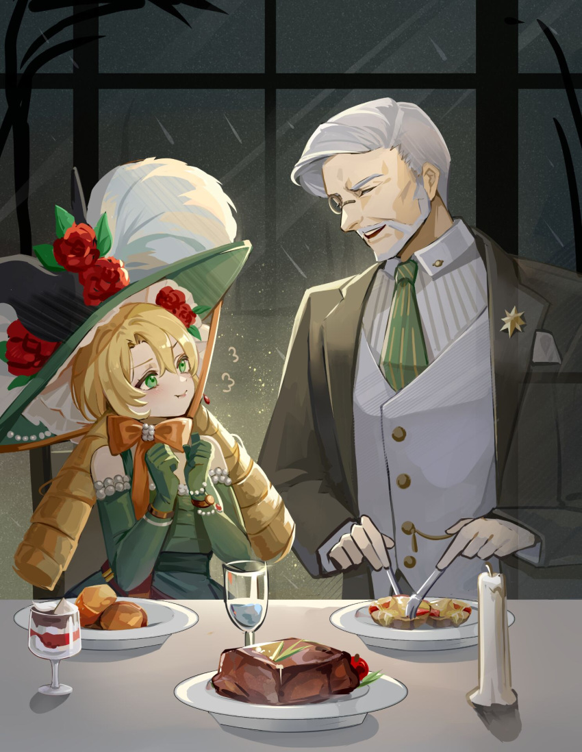 1boy, 1girl, blonde_hair, bracelet, closed_eyes, dress, flower, gloves