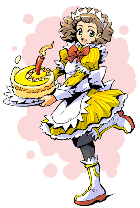 aprilia, aprilia_rs125, apron, black_thighhighs, boots, bow, brown_hair, cake
