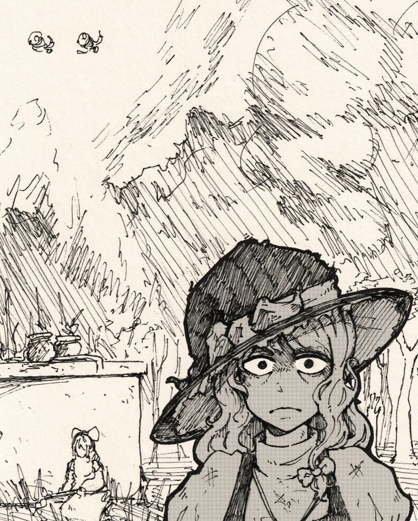 2girls, black_vest, bow, braid, commentary, english_commentary, fine_art_parody, hair_bow, hakurei_reimu, hat, hayoibu, highres, kirisame_marisa, monochrome, multiple_girls, parody, ptsd, shirt, single_braid, the_two-thousand_yard_stare, touhou, vest, white_shirt, witch_hat