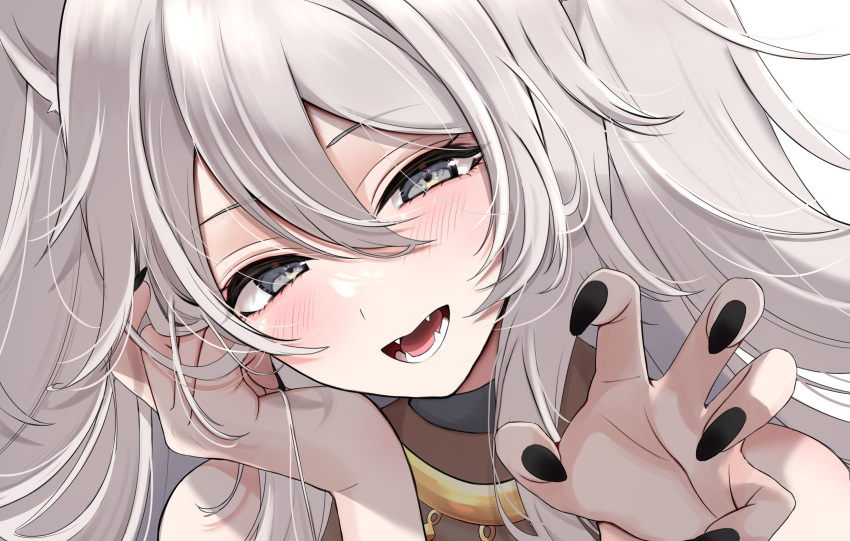 1girl, absurdres, animal_ears, black_nails, blush, claw_pose, commentary, double-parted_bangs