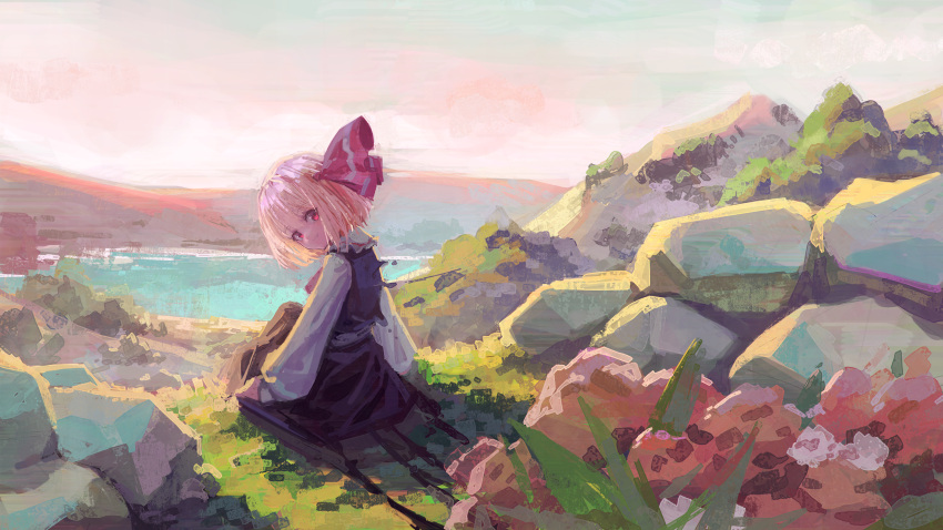 1girl, absurdres, black_skirt, black_vest, blonde_hair, day, grin, hair_ribbon