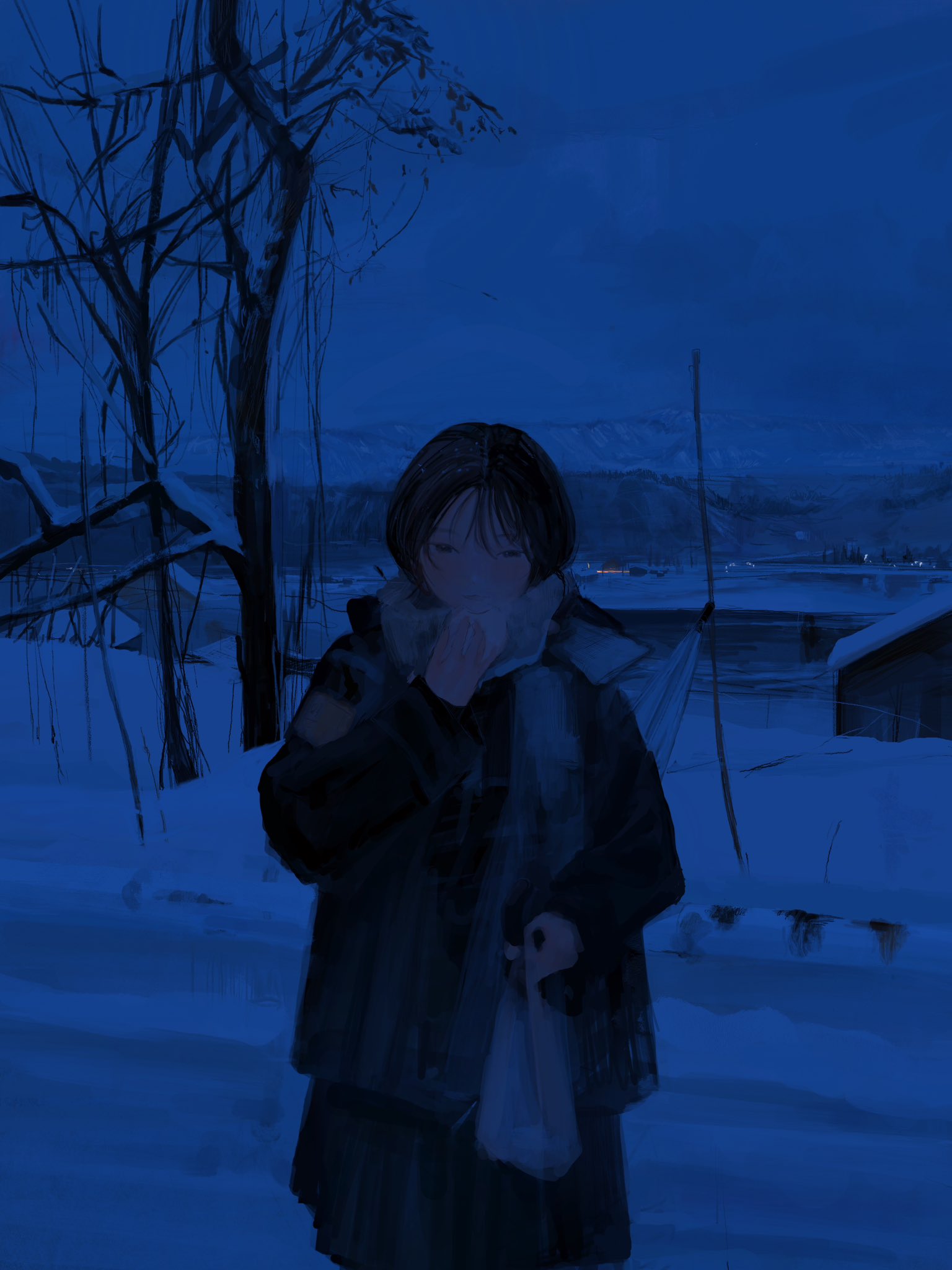 1girl, as4kla, bag, baozi, black_hair, black_jacket, black_skirt, eating