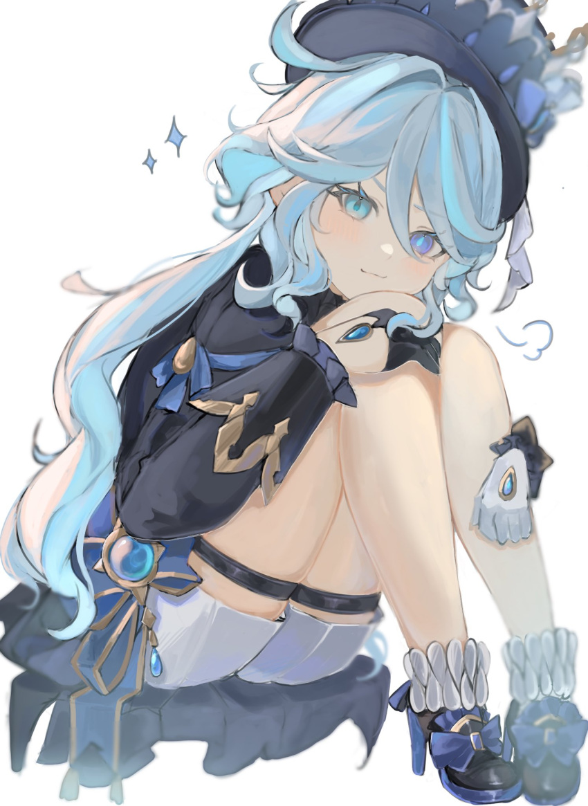 1girl, ahoge, aroha252538, asymmetrical_gloves, black_gloves, blue_eyes, blue_hair, blue_headwear, blue_jacket, blush, closed_mouth, furina_(genshin_impact), genshin_impact, gloves, hair_between_eyes, hat, heterochromia, highres, jacket, legs, light_blue_hair, long_hair, looking_at_viewer, mismatched_gloves, multicolored_hair, shorts, sidelocks, simple_background, smile, solo, sparkle, top_hat, white_background, white_shorts