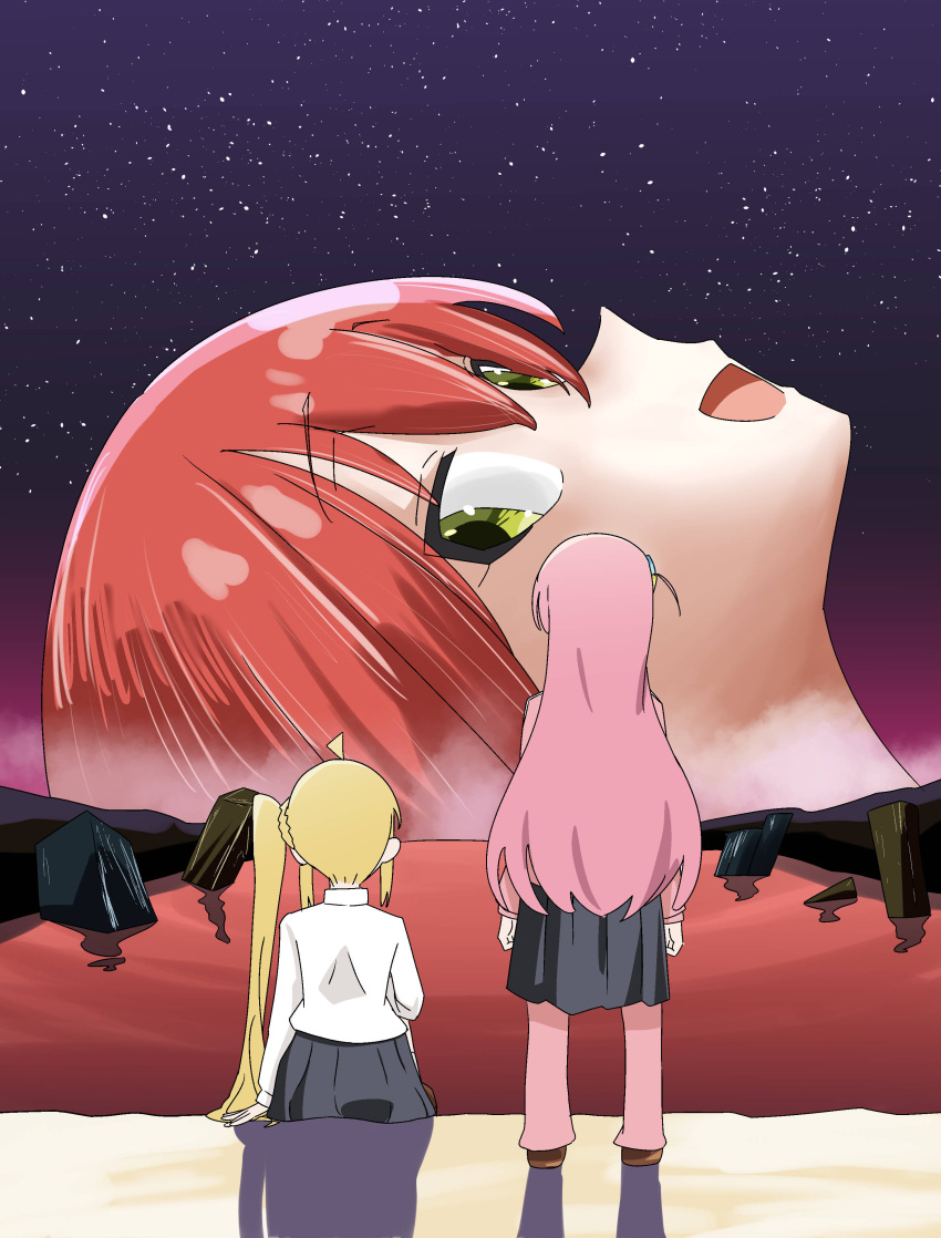 absurdres, ahoge, blonde_hair, bocchi_the_rock!, cube_hair_ornament, end_of_evangelion, giant, giantess