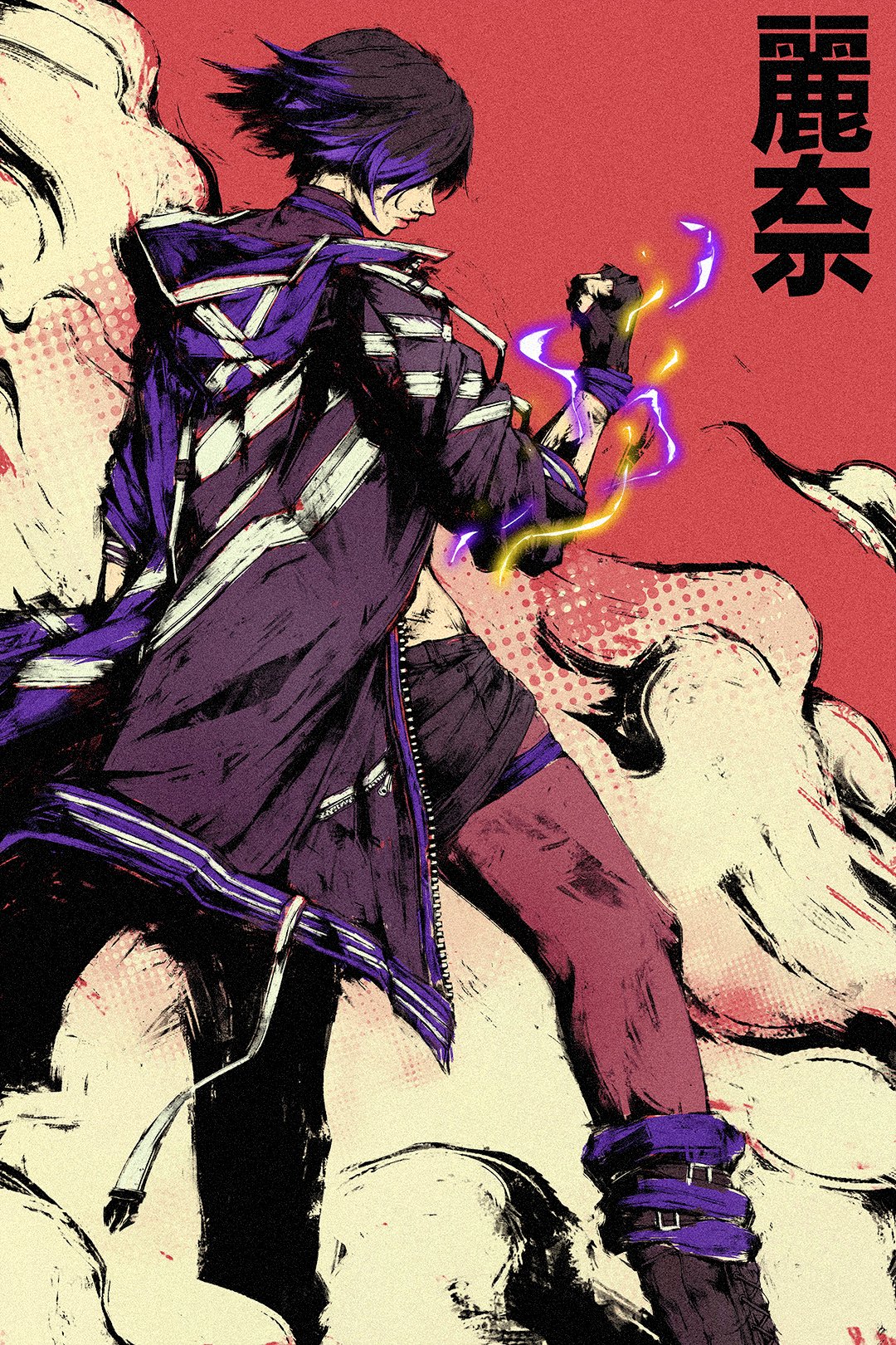 1girl, akramness, belt, black_footwear, black_gloves, black_hair, black_shorts, boots, buckle, electricity, fingerless_gloves, fog, gloves, highres, hood, hood_down, hoodie, jacket, leg_belt, lightning, midriff, multicolored_hair, namco, nape, no_eyes, open_clothes, open_jacket, pink_lips, pointy_nose, purple_belt, purple_hair, purple_hoodie, red_background, reina_(tekken), short_hair, short_shorts, shorts, sleeves_rolled_up, solo, tekken, tekken_8, thigh-highs, translation_request, two-tone_hair, unzipped