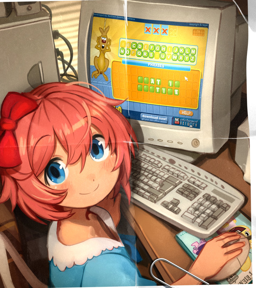 1girl, absurdres, blue_eyes, blue_shirt, blush, bow, doki_doki_literature_club, english_commentary