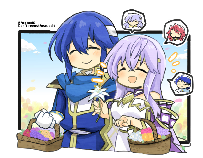 1boy, 1girl, basket, blue_cape, blue_hair, brother_and_sister, cape, circlet