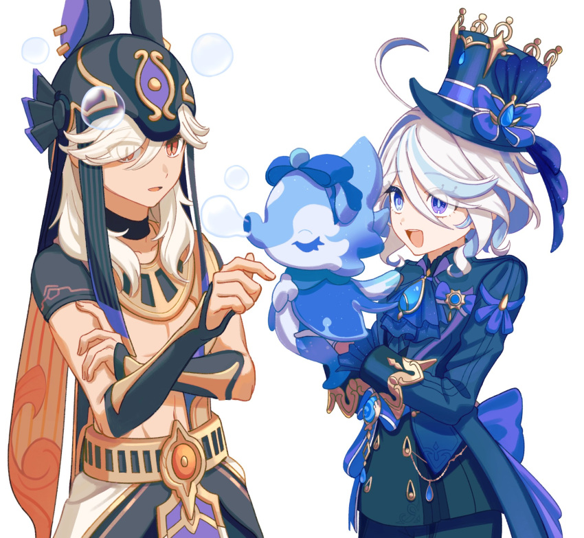 1boy, 1girl, 1other, 39_iduki, ahoge, animal_ears, arm_armor, ascot